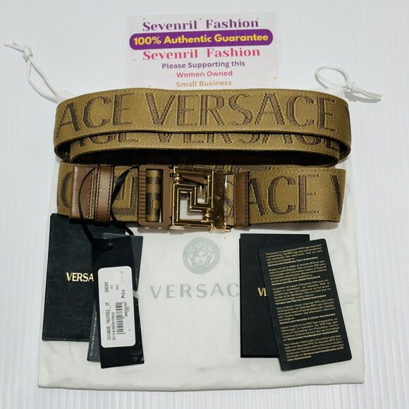 NWT Versace All-Over Logo Reversible Gold Buckle Brown Greca Ribbon Belt $425 - Picture 5 of 9